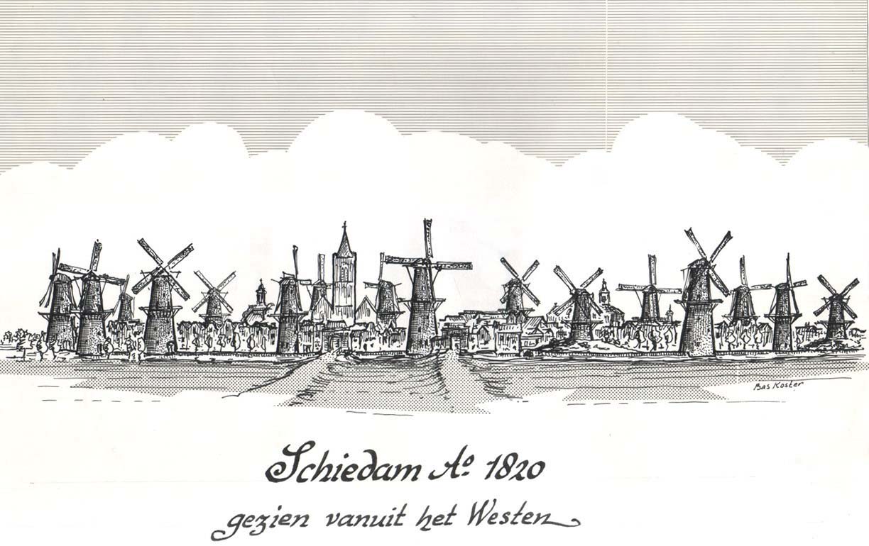 Schiedamse molens in 1820 gezien vanuit het westen; tekening Bas Koster